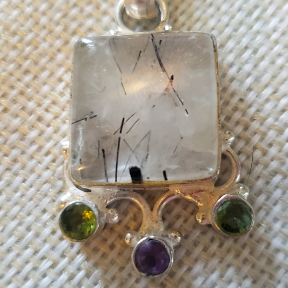 SOLD-Rutile Quartz, Peridot, and Amethyst Sterling Silver Necklace - Picture 4 of 12